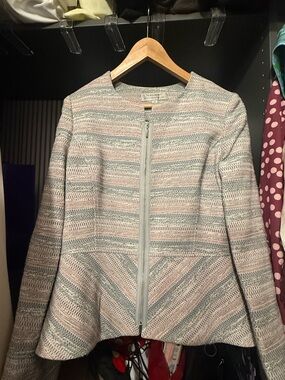 Tahari Striped Zip-Front Tweed Jacket in Light Blue and Blush